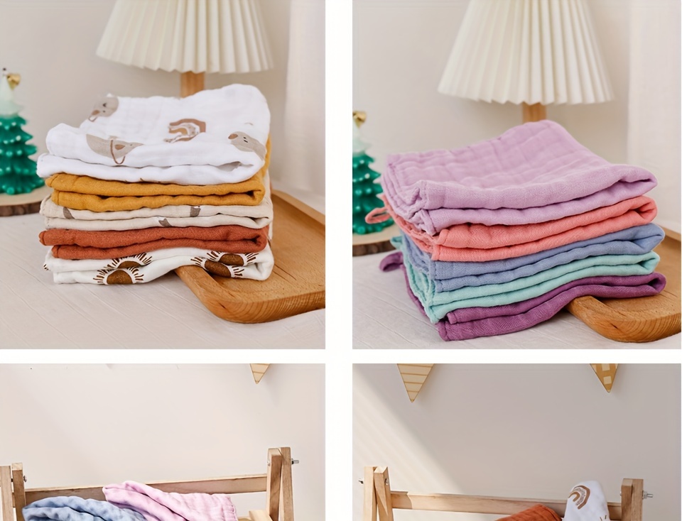 5pcs set bamboo muslin square towels 4 layer soft face towel cute print burp cloth details 7