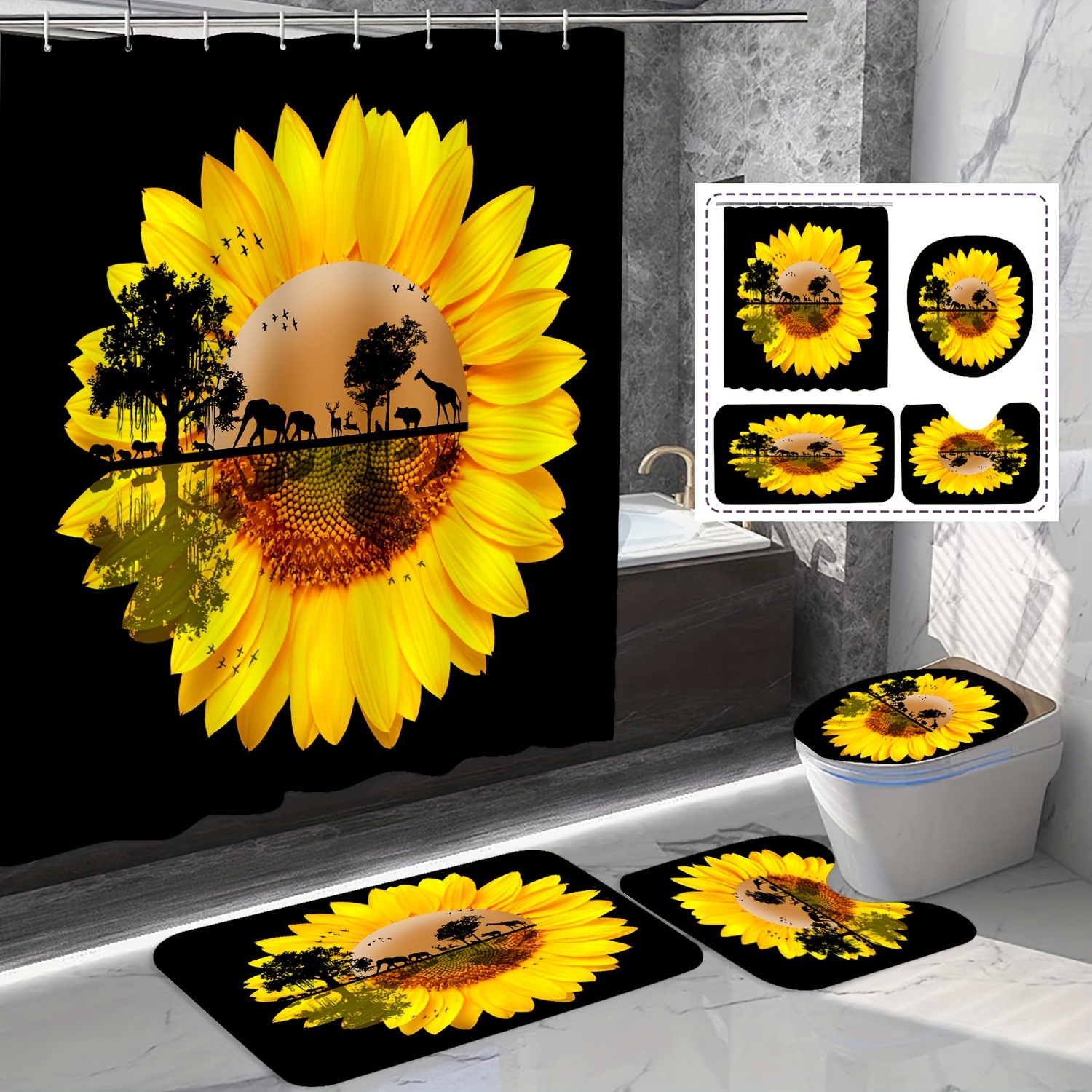 Sunflower Shower Curtain Set Waterproof Fabric Black Shower - Temu