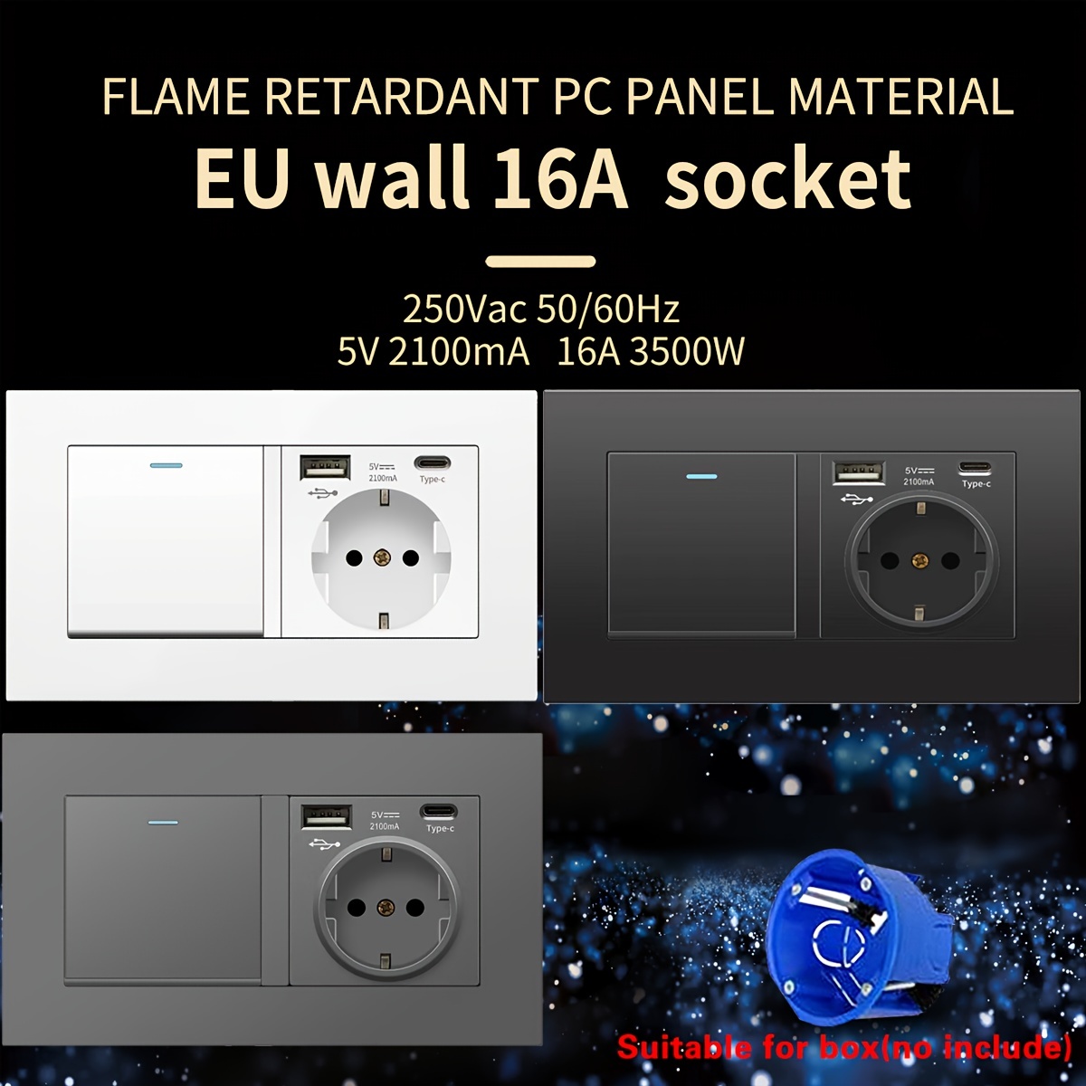 Delviz- Toma corriente con USB estándar para la UE, enchufe de pared con 2  salidas, panel