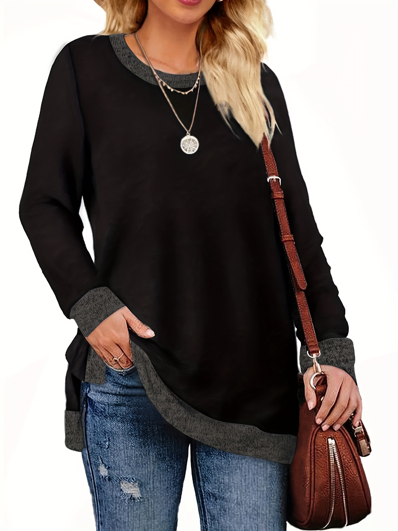 Plus Size Casual Top Women's Plus Solid Long Sleeve Round - Temu Canada