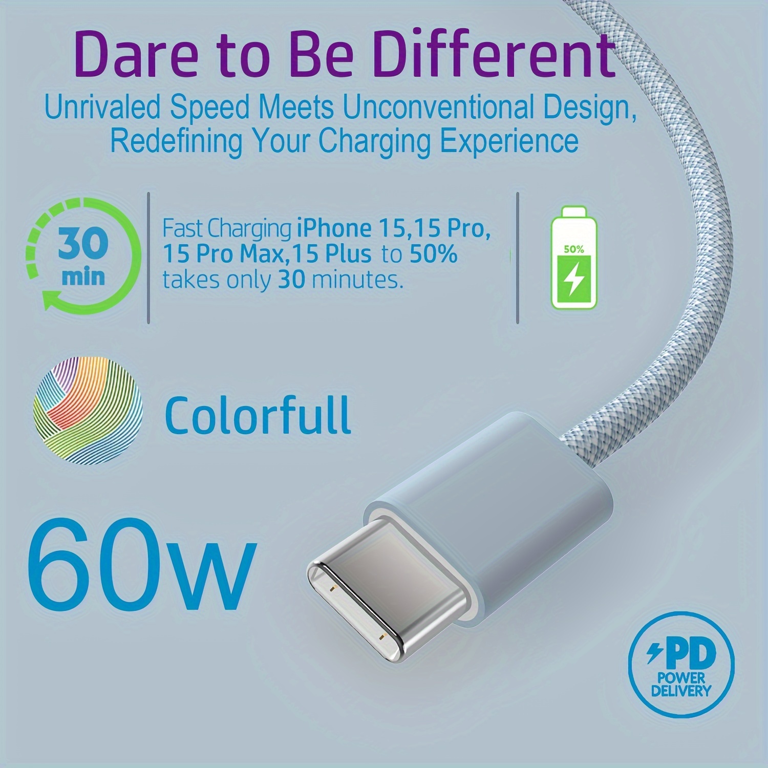 100W 3M Cable USB C Carga Rapida para iPhone 15 Pro Max/15 Pro/15 Plus