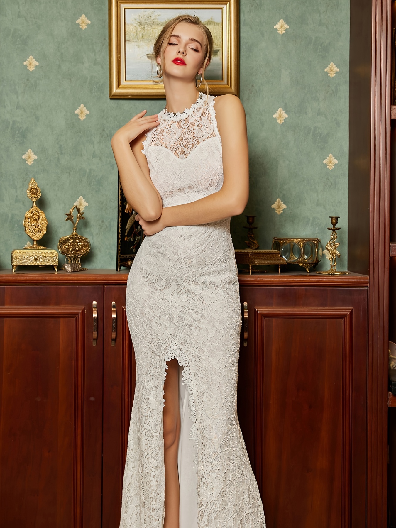 Vestido de novia de tul blanco con velo largo y encaje de novia (01202007)  - eDressit