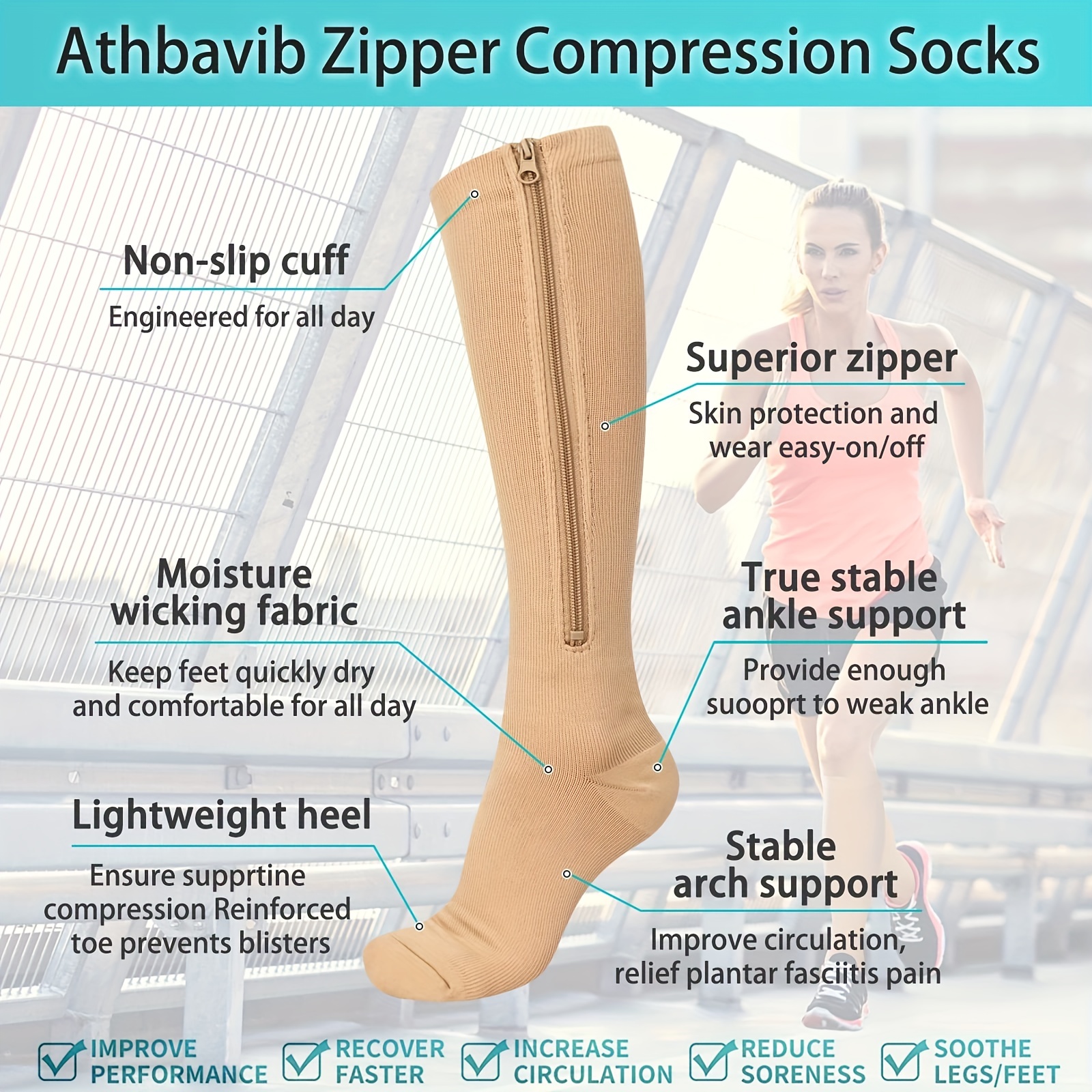 Closed Toe 15-20 mmHg Zipper Compression Calf Leg Circulation