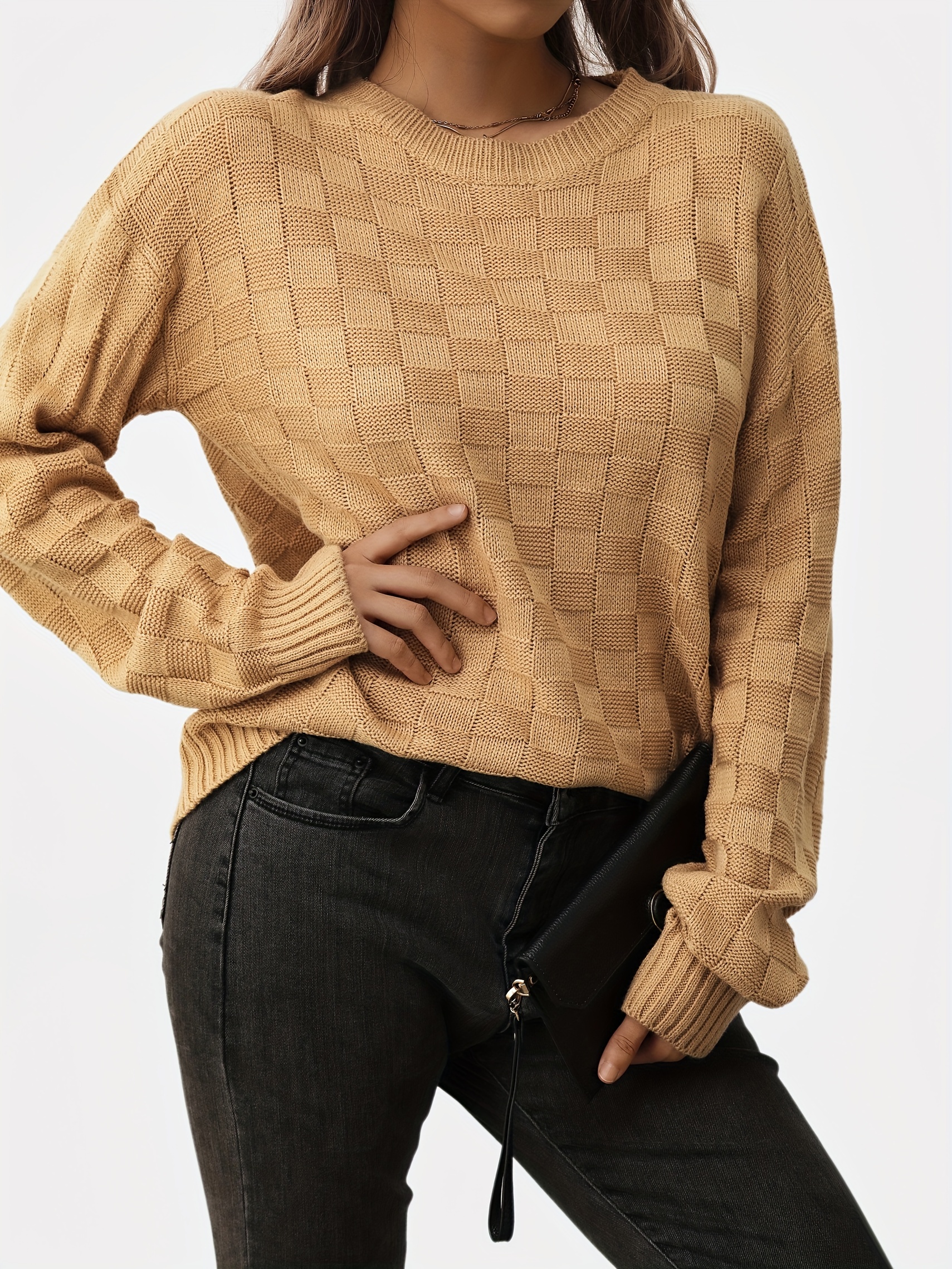 Plaid Pattern Crew Neck Pullover Sweater Casual Long Sleeve - Temu Canada