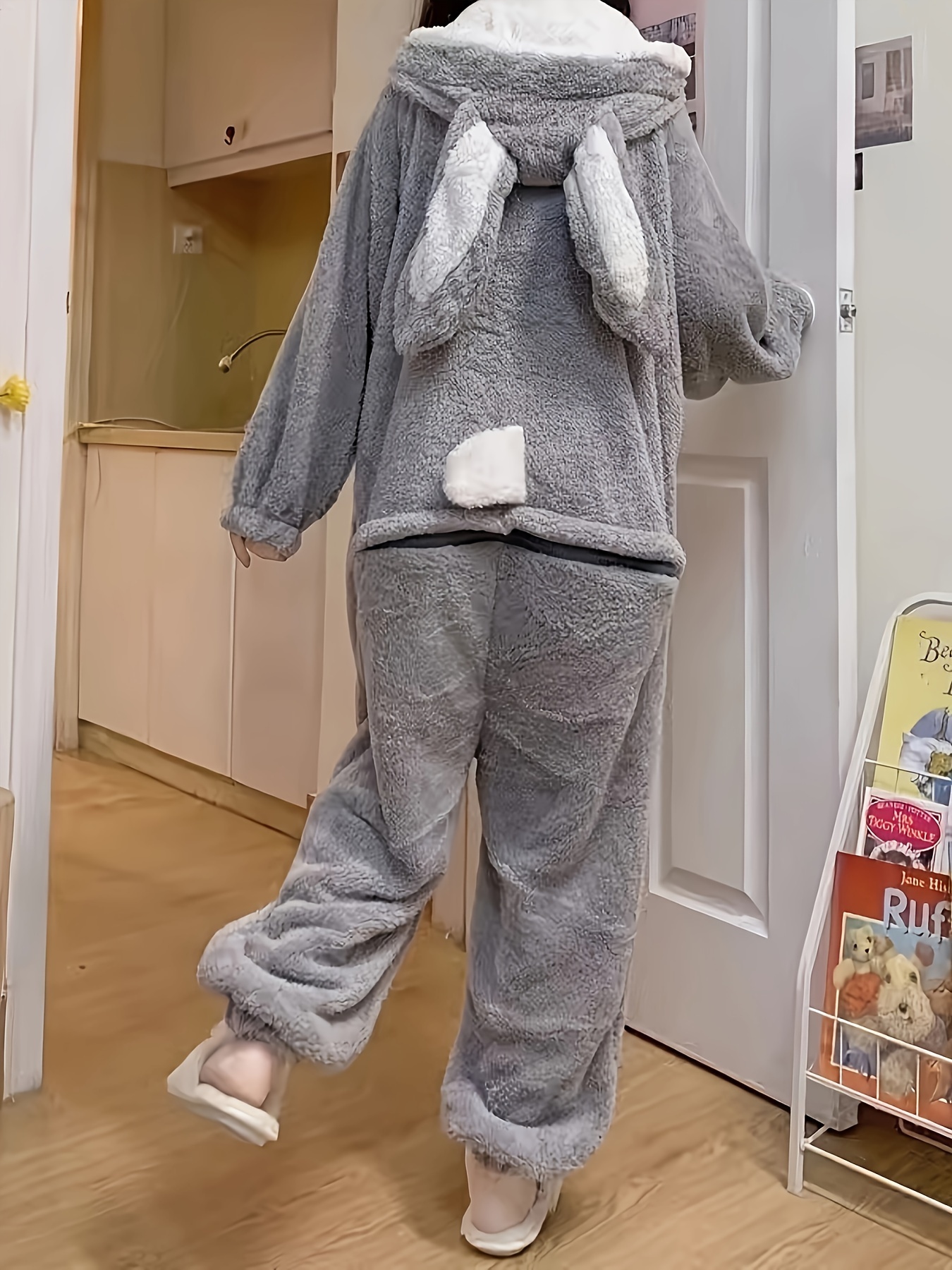 Cartoon Rabbit Hooded Jumpsuit For Music Festival, Long Sleeve Fuzzy  Pajamas With Pockets, Women's Sleepwear & Loungewear