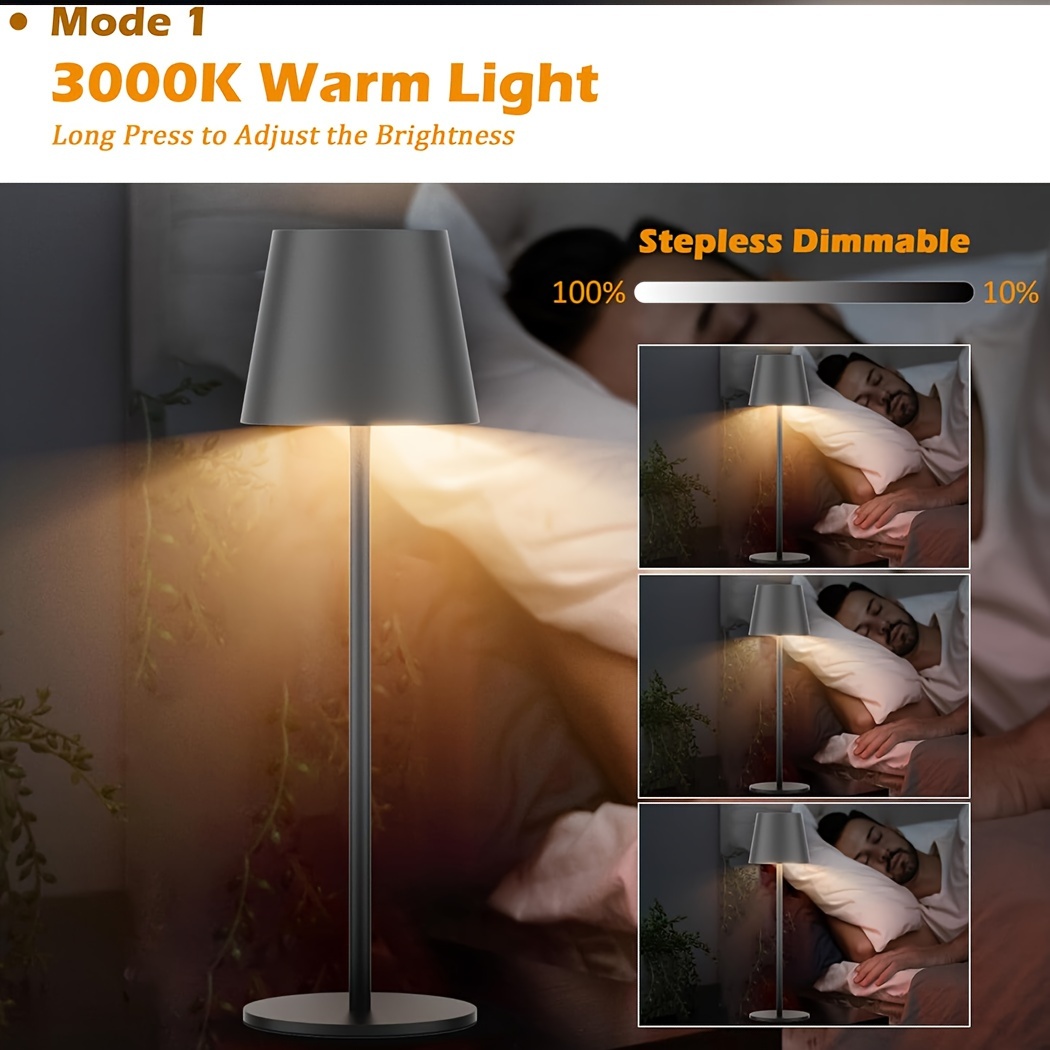 Lampe de table ou d'établi LED sans fil en métal, puissance 3 watts,  lumière dimmable et orientable entre blanc chaud, froid et naturel