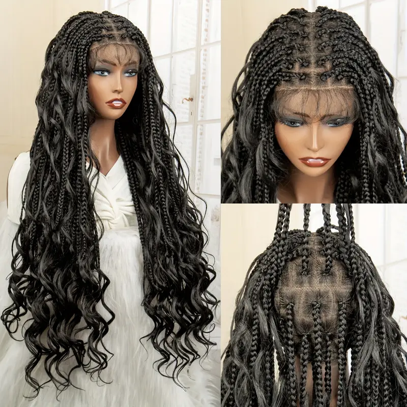 Bouncy braided wig, frontal lace wig, long curly braids wig by