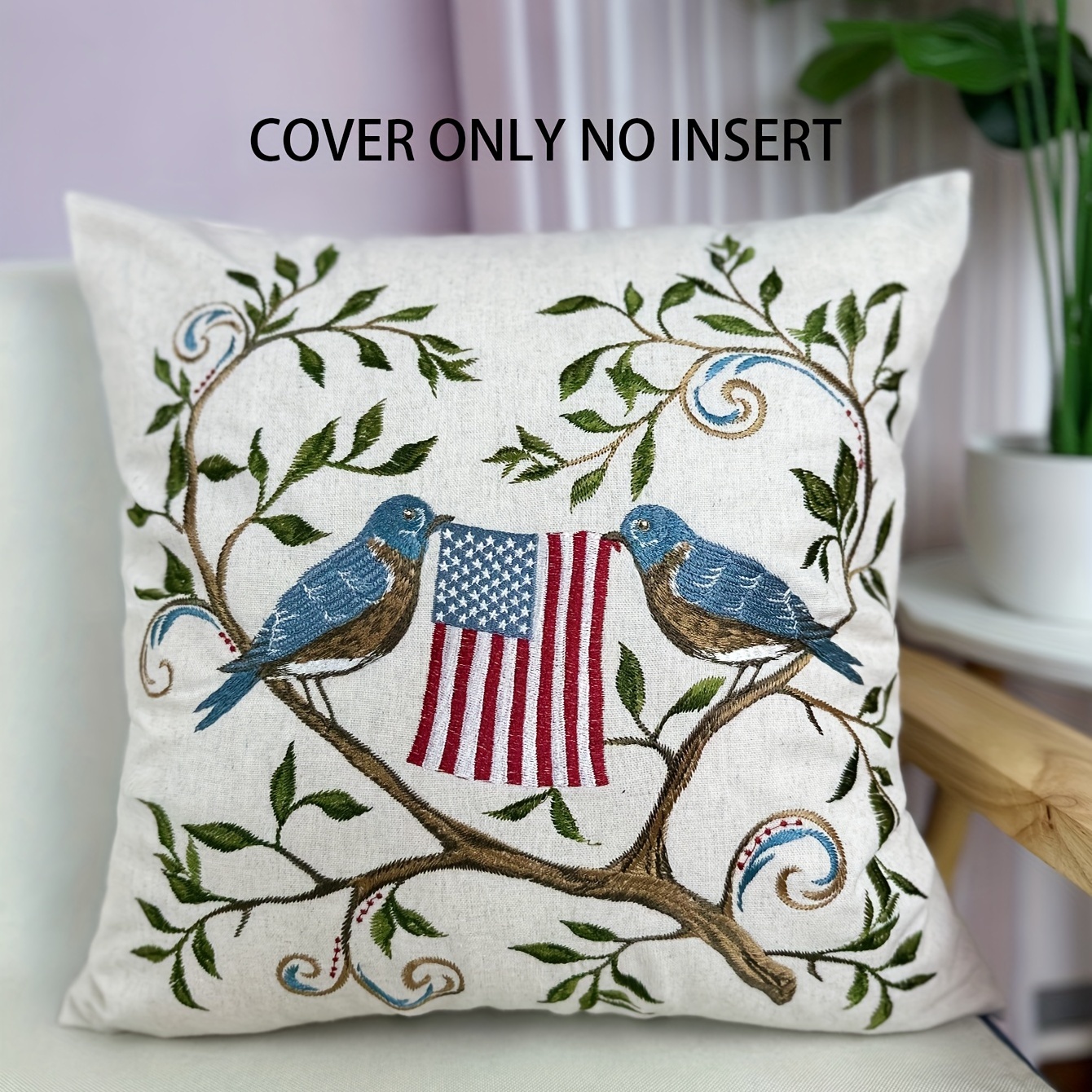 

1pc 4 Seasons Bird And American Flag Embroidered Pillowcase, Home Decor Embroidered Pillow Cover For Bed Sofa Couch Bedroom Home Decor, No Pillow Core