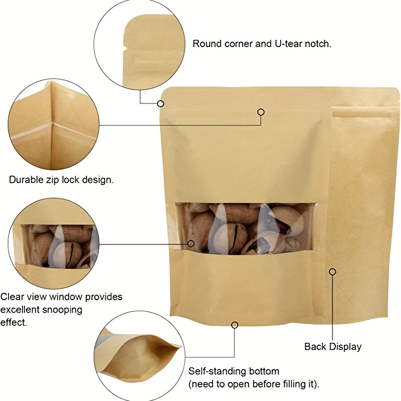 100 Pcs Resealable bags,3.5 x 5.5 Stand Up White Kraft Paper Bags with  Matte Window, Zip Lock Food Storage Bags for Packaging Products, Reusable