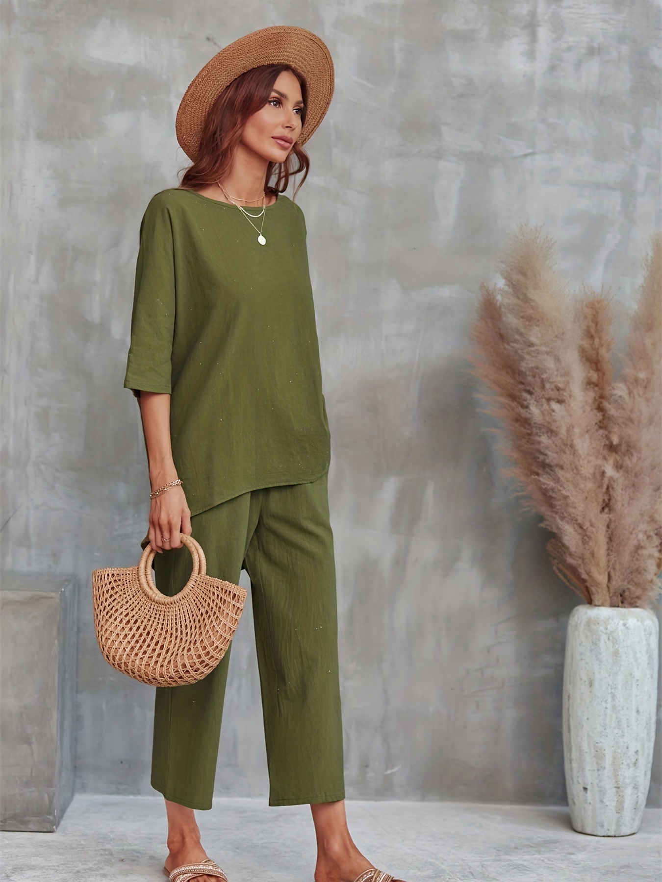 Casual 2pc Set Crew Neck Tee & Wide Leg Pants Women's Clothing