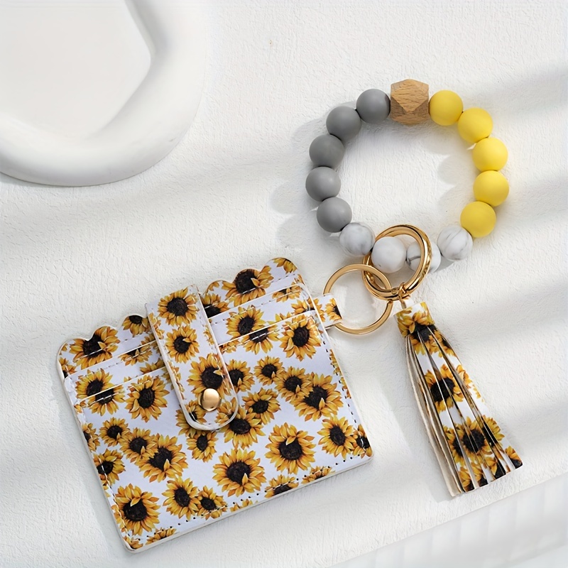 Silicone Beads Sunflower printing Wristlet Keychain Bracelet Keys