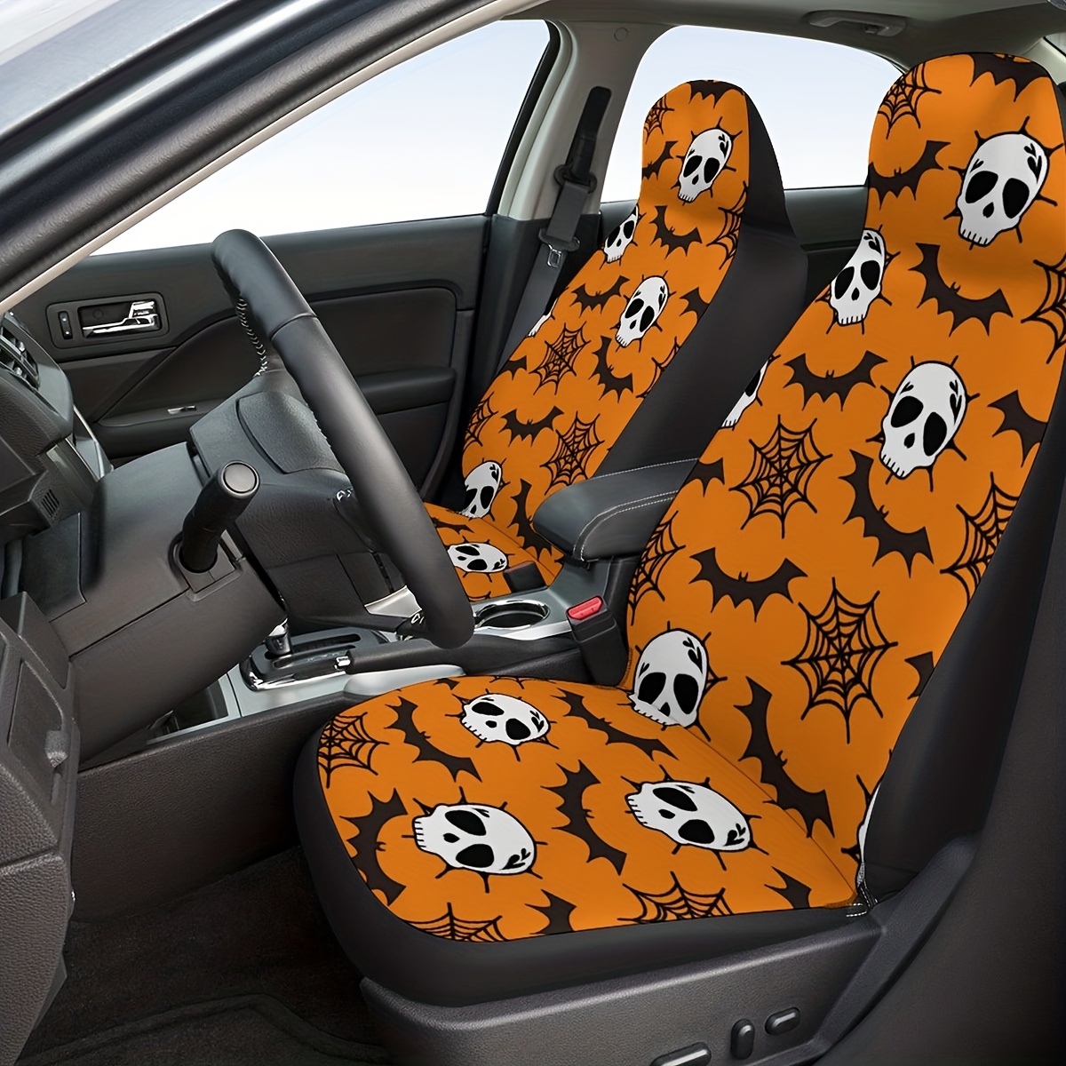 Halloween Bat Skull Printed Car Seat Cover Front Seats, Bucket