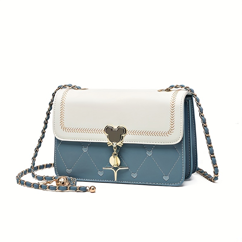 Mini bolso cuadrado de moda con solapa acolchada y decoración de cadena,  bolso cruzado con relieve de rombos, bolso de cadena retro para mujer,  elegante bolso de hombro con correa ancha