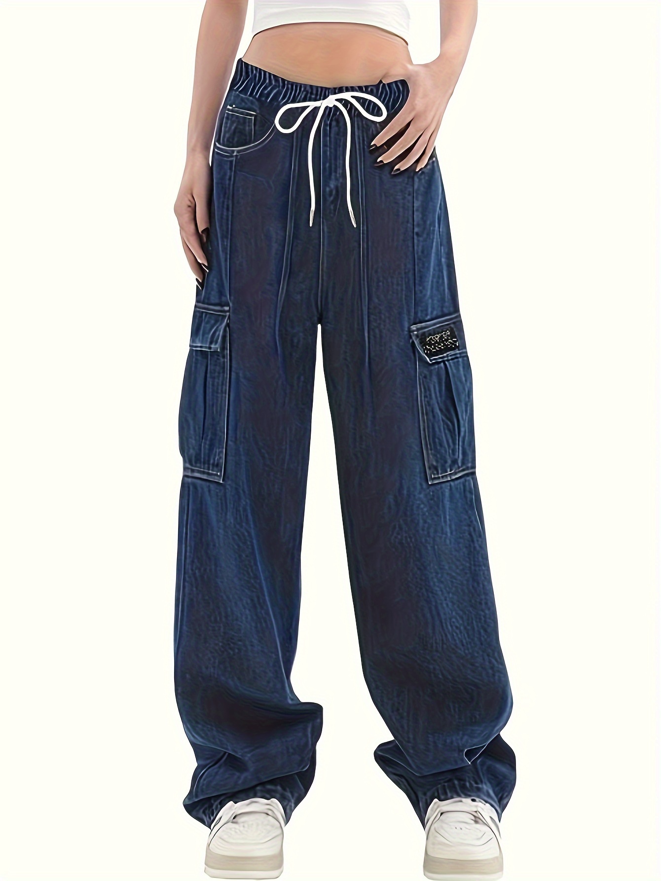 Blue Flap Pockets Cargo Pants Slight stretch Elastic Waist - Temu