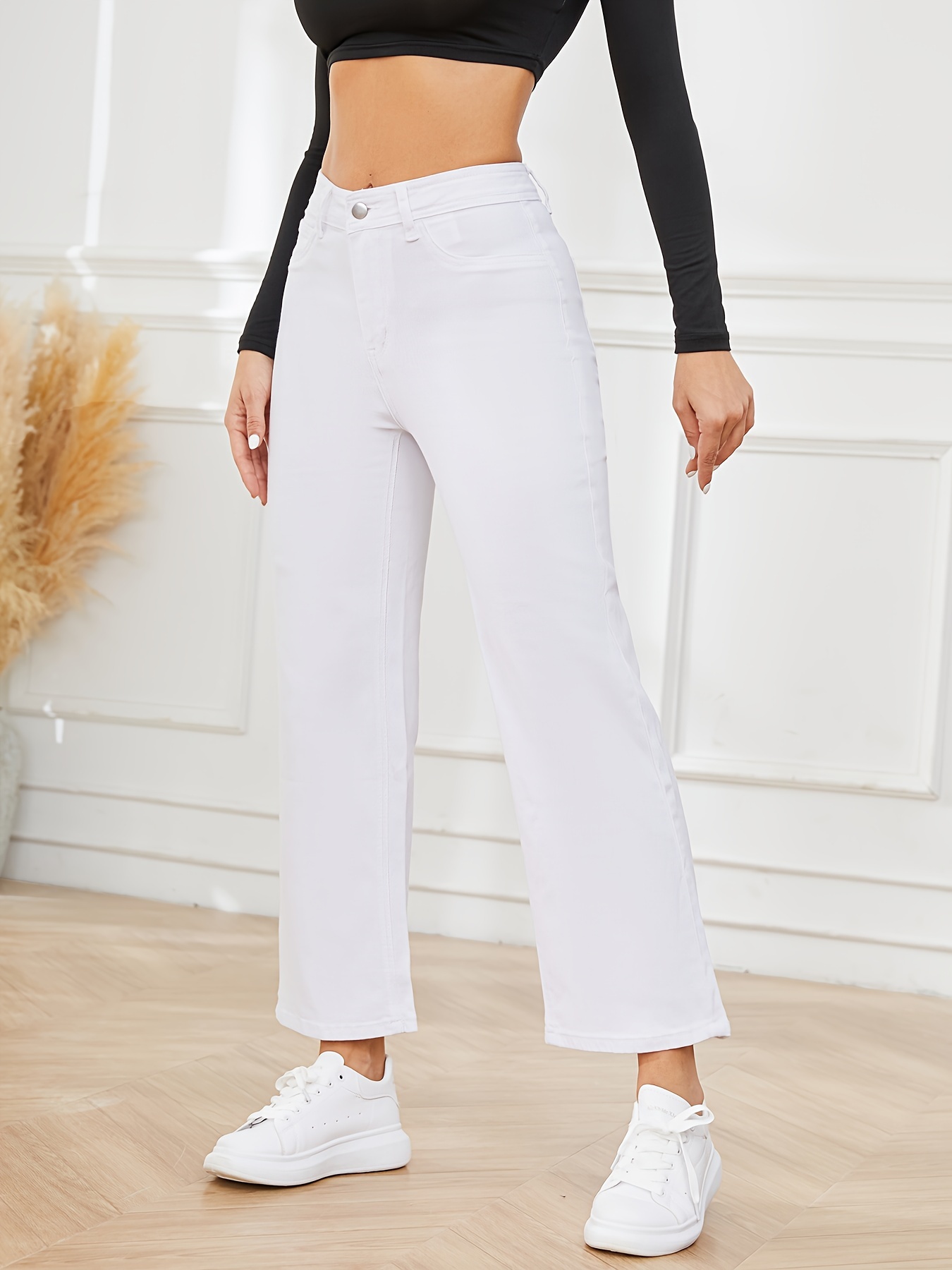 Jeans Ajustados Blancos Lisos, Pantalones De Mezclilla De Tiro Alto Con  Curvas Y Estiramiento Medio, Jeans Y Ropa De Mezclilla Para Mujer