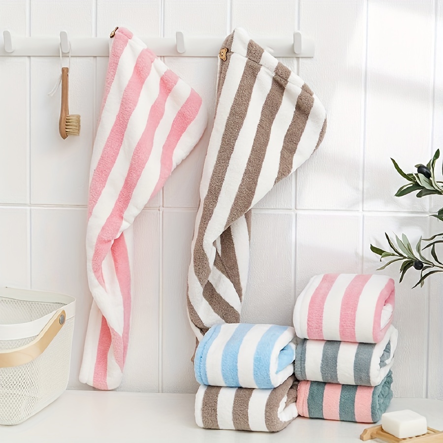 

1pc Coral Fleece Hair Towel With Button, Soft Hair Drying Cap, Simple Stripe Pattern Hair Towel For Bathroom, Quick Drying Hair Wrap Towel, Strong Water Absorption Shower Cap, Bathroom Supplies