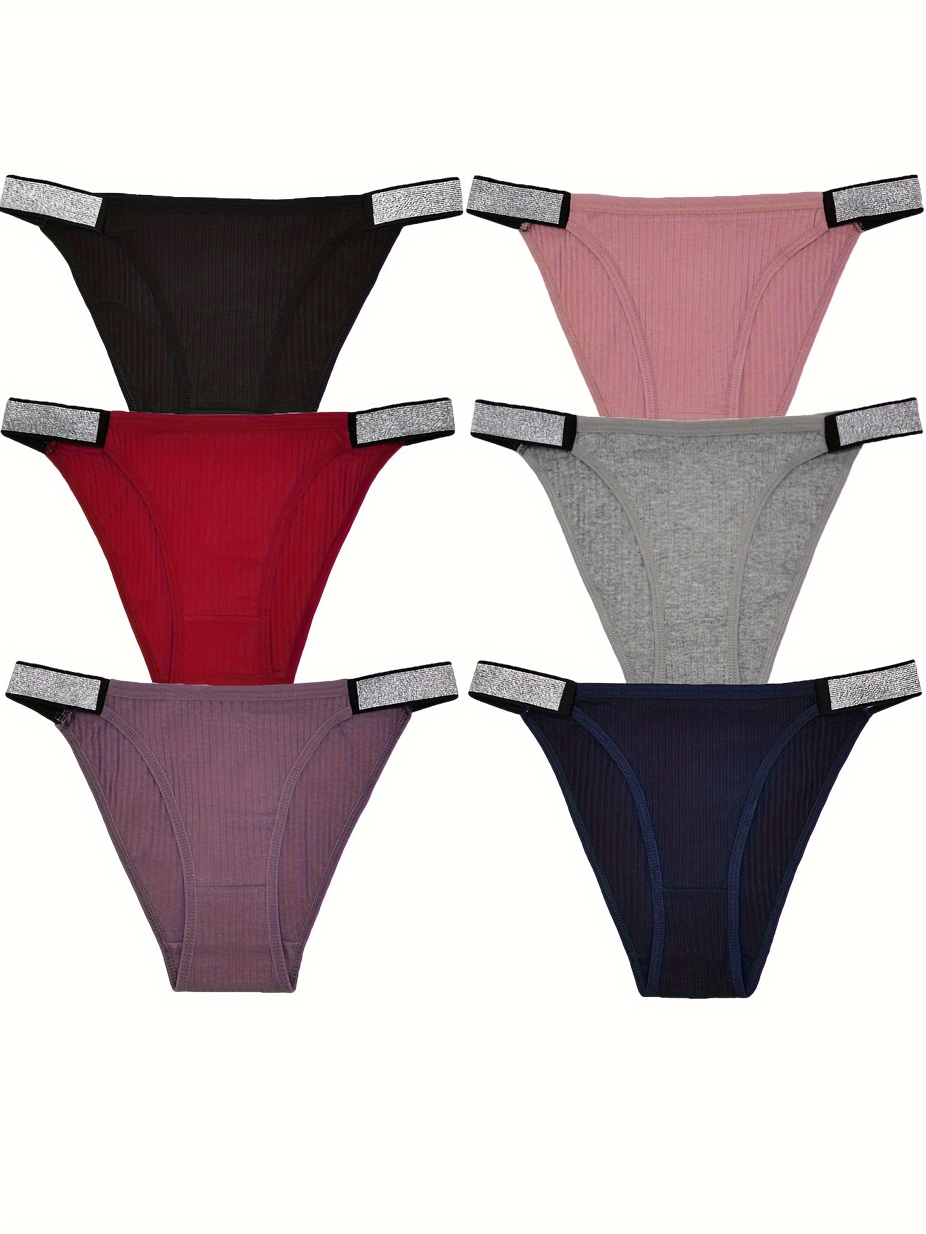 6pcs Solid Ribbed Briefs, Comfy & Breathable Stretchy Intimates Panties,  Women's Lingerie & Underwear