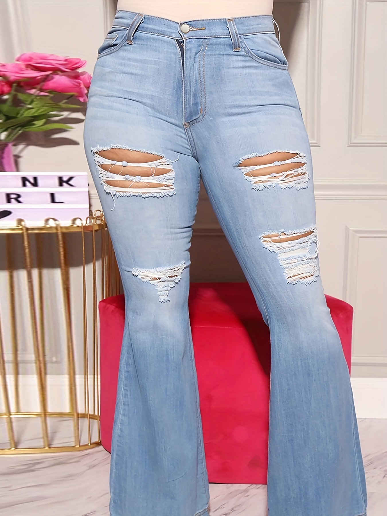Distressed Flare Jeans Ripped Stretch Slim Fit Bell Bottom Jeans Women's Denim