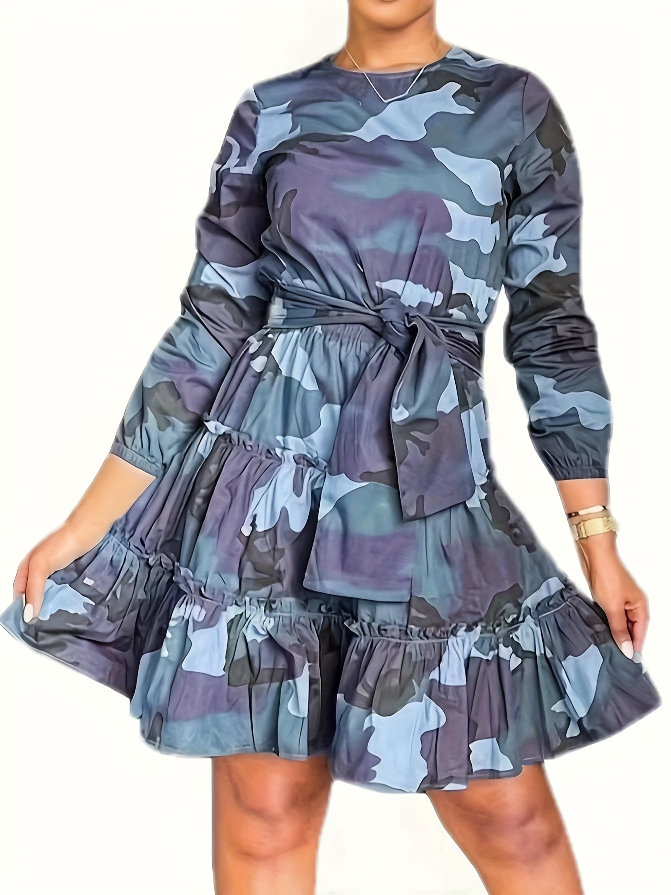 Camo Print Ruffle Hem Dress Casual Long Sleeve A Line Dress - Temu