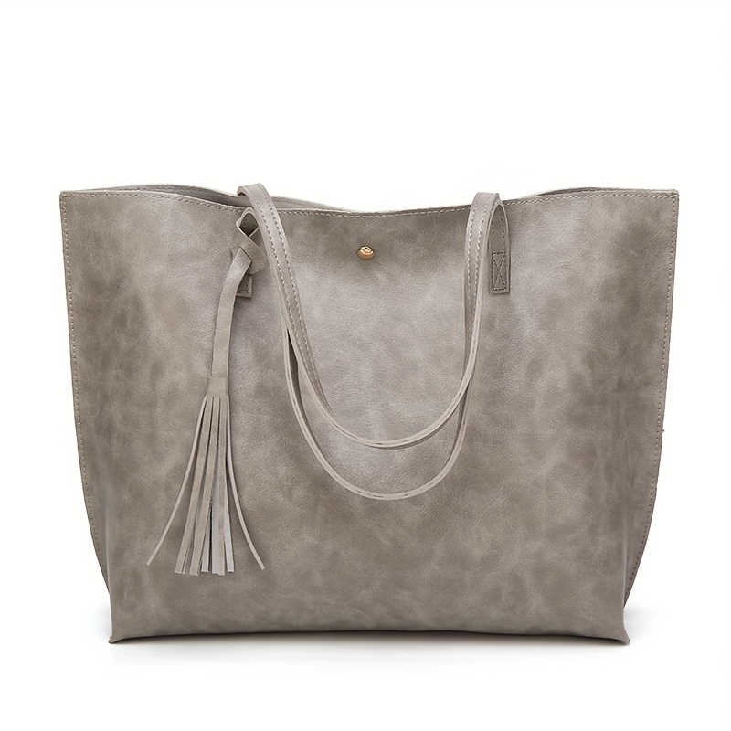 Retro Solid Color Tote Bag Tassel Decor Large Capacity Temu Denmark