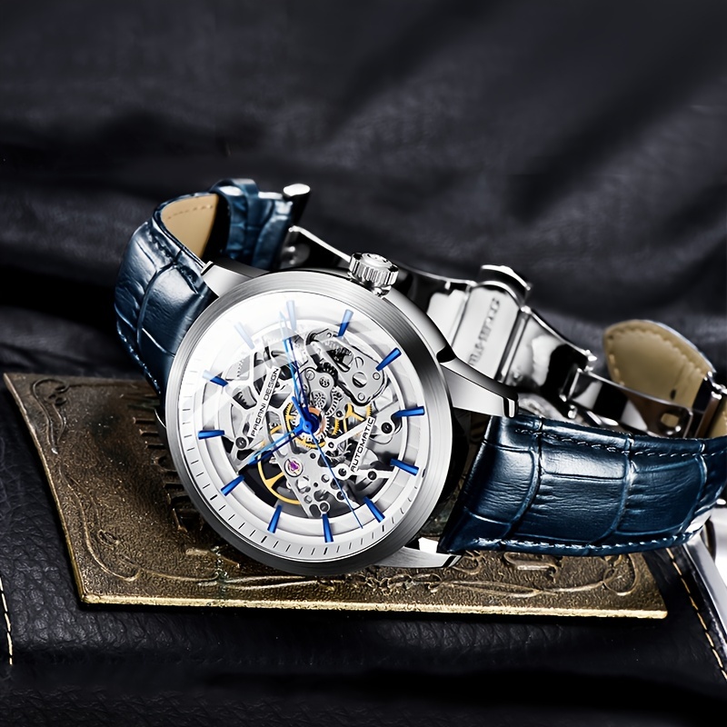 PAGANI DESIGN Herren Automatikuhr Elegantes Edelstahlgehäuse, Wasserdicht  bis 100m, Hohles Design mit Kunstlederarmband