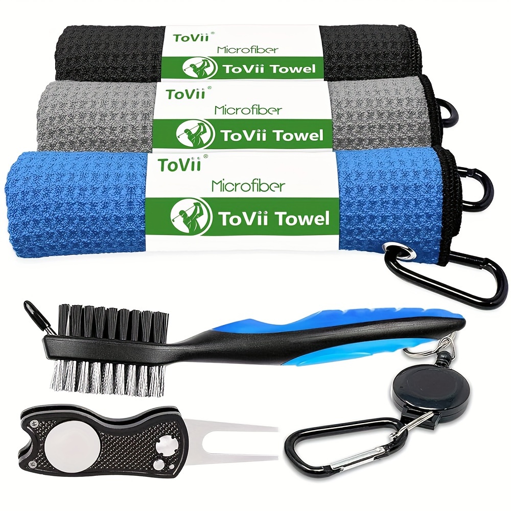 

1set Golf Accessories, 3pcs Waffle Golf Towels, 1pc Golf Repair Tool And Double-sided Cleaning Brush