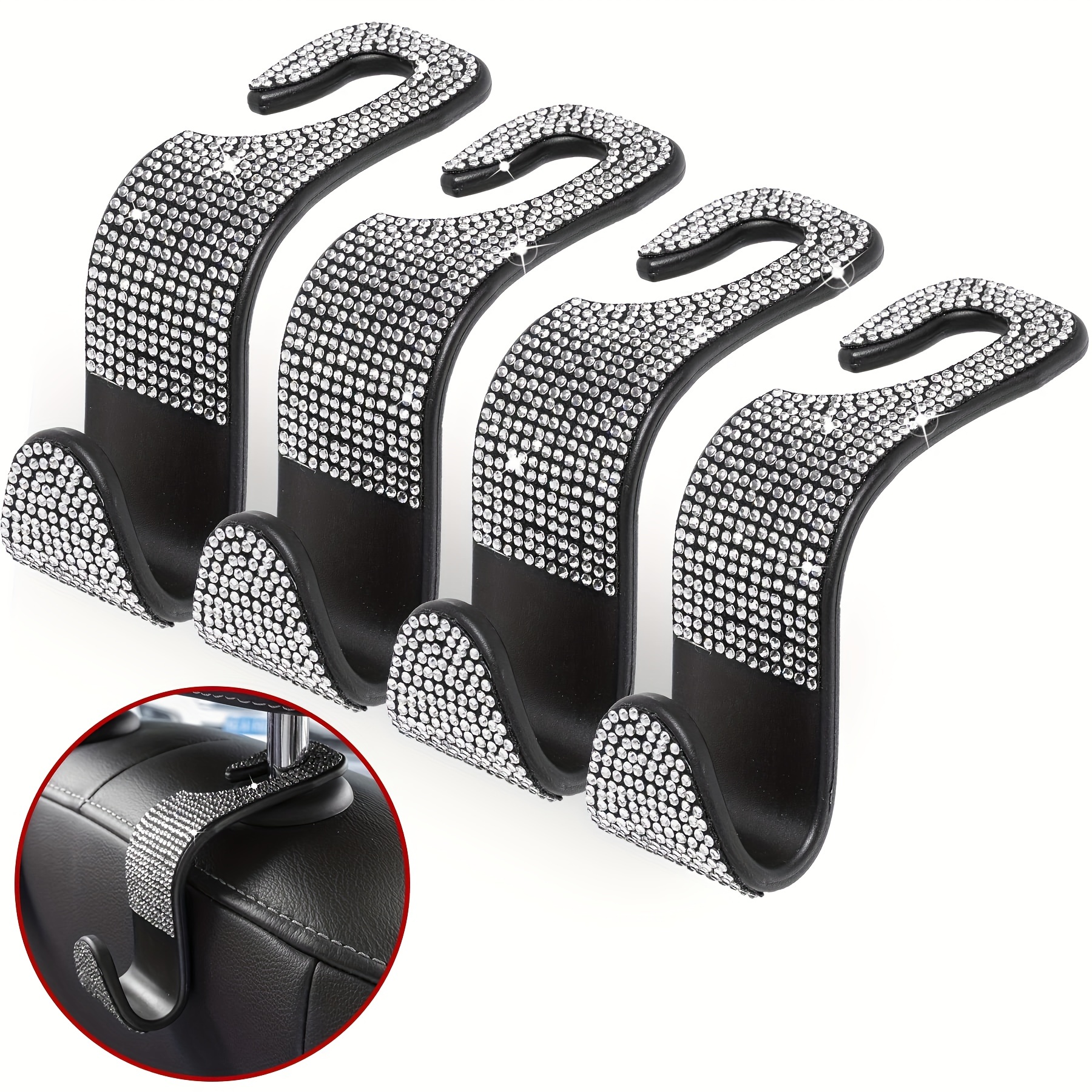 Ganci Per Poggiatesta Auto LivTee Con Strass | Confezione Da 4 Ganci Universali Neri, Porta Borse, Accessori Interni Auto Per Uomo E Donna, Supportano 20 Kg