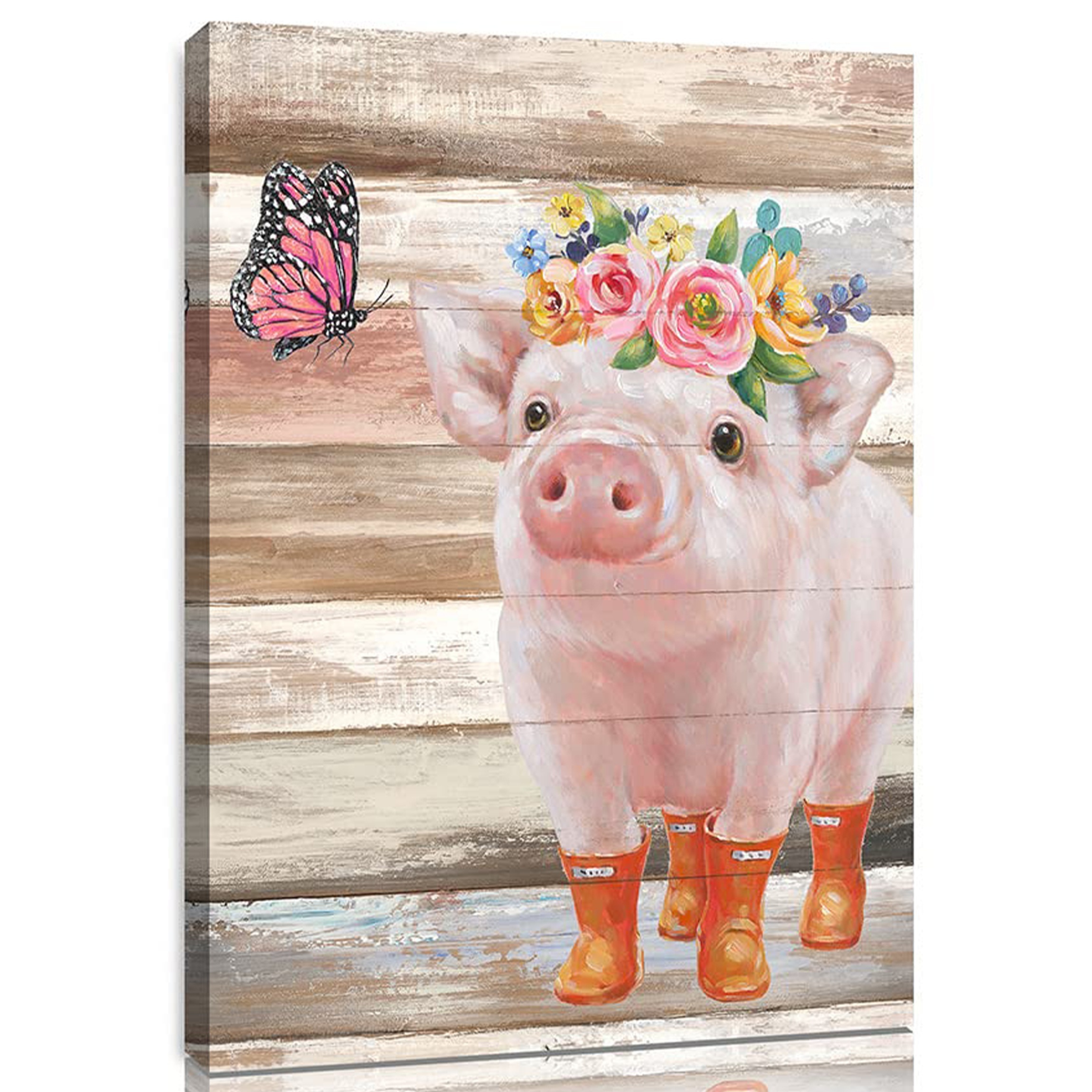 豚の写真 キャンバスウォールアート - 農家の壁装飾 - 面白い豚とピンクの蝶の絵 - 農場の動物ポスター壁画 寝室、バスルーム、キッチン用  24x16インチ フレームなし