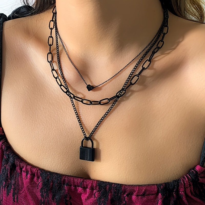 1 Pc Three Layers Chain Necklace Heart & Lock Shape Pendant Adjustable  Clavicle Chain Black Punk Style Neck Jewelry