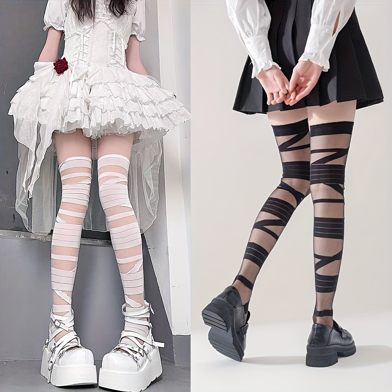 

2 Pairs Strappy Pattern Stockings, Smooth Lettuce Trim Over The Knee Socks, Women's Stockings & Hosiery