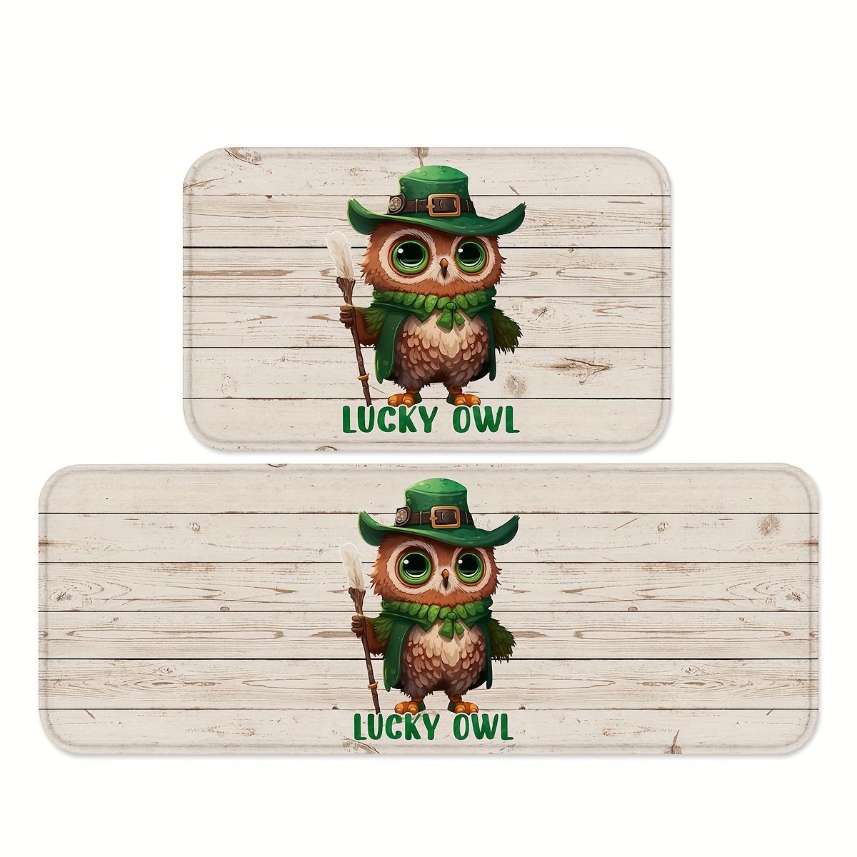 

1pc/2pcs Lucky Owl Print Kitchen Mats, Indoor Decorative Rugs, Wood Grain Motif Carpets, Non-slip Throw Pads, For Bathroom Kitchen Home Decor Office Sink Laundry Bathroom, Sets 2 Piece