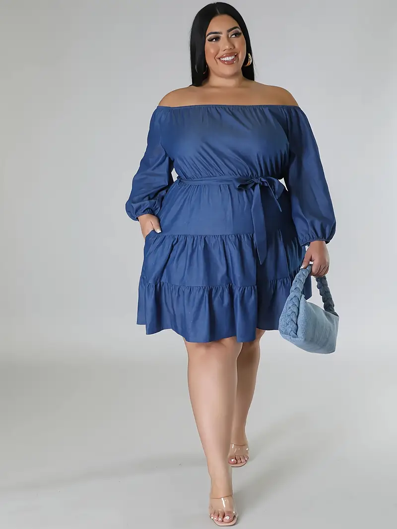 denim off the shoulder dress plus size Breezaya Plus Size Women's Solid Color Ruffle Off-Shoulder Fashionable Summer Denim Sexy Dress Summer Vacation