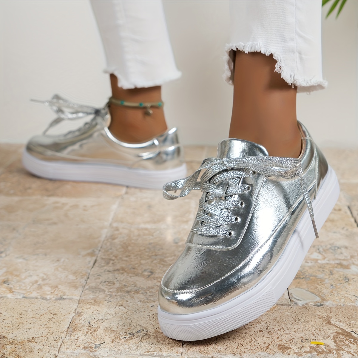 Women's Solid Color Casual Sneakers, Lace Up Low-top Patent Leather Casual  Platform Trainers, Versatile Comfy Daily Shoes
