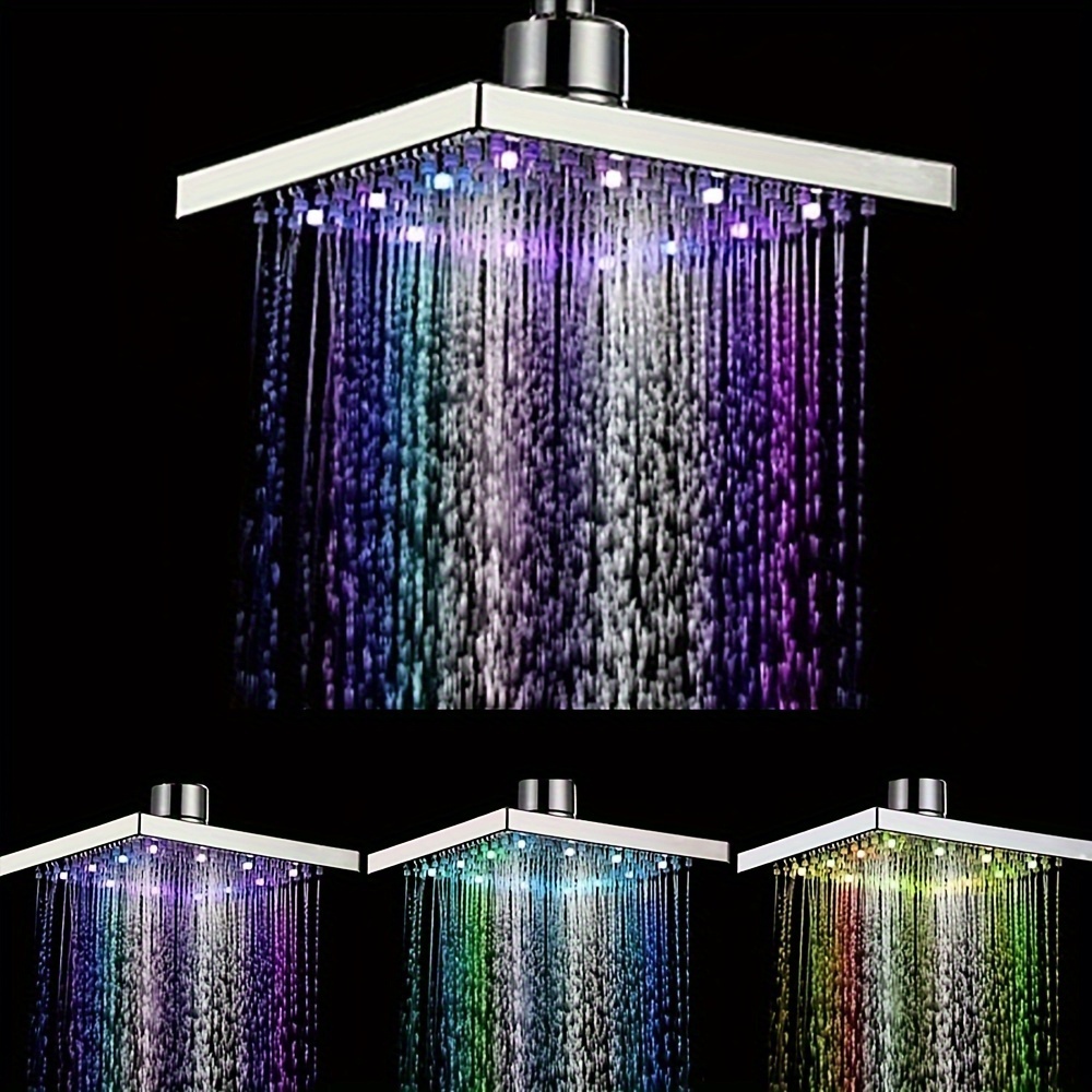 

1pc 7 Colors Led Auto Changing Rain Square Shower Head, Bathroom Led Shower Sprinkler, Bathroom Top Spray Shower, Fixed Shower Head, Bathroom Supplies, Bathroom Accessories