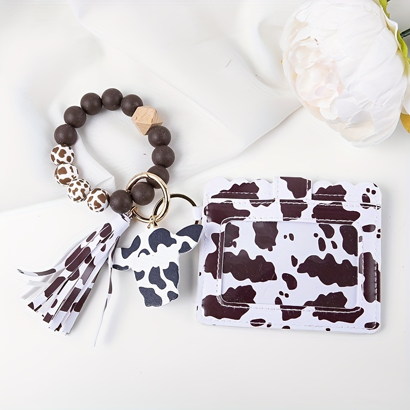 1pc Cow Pattern PU Leather Cow Head Charm Beaded Bracelet & Keychain, Tassel & Card Holder Charm Bracelet