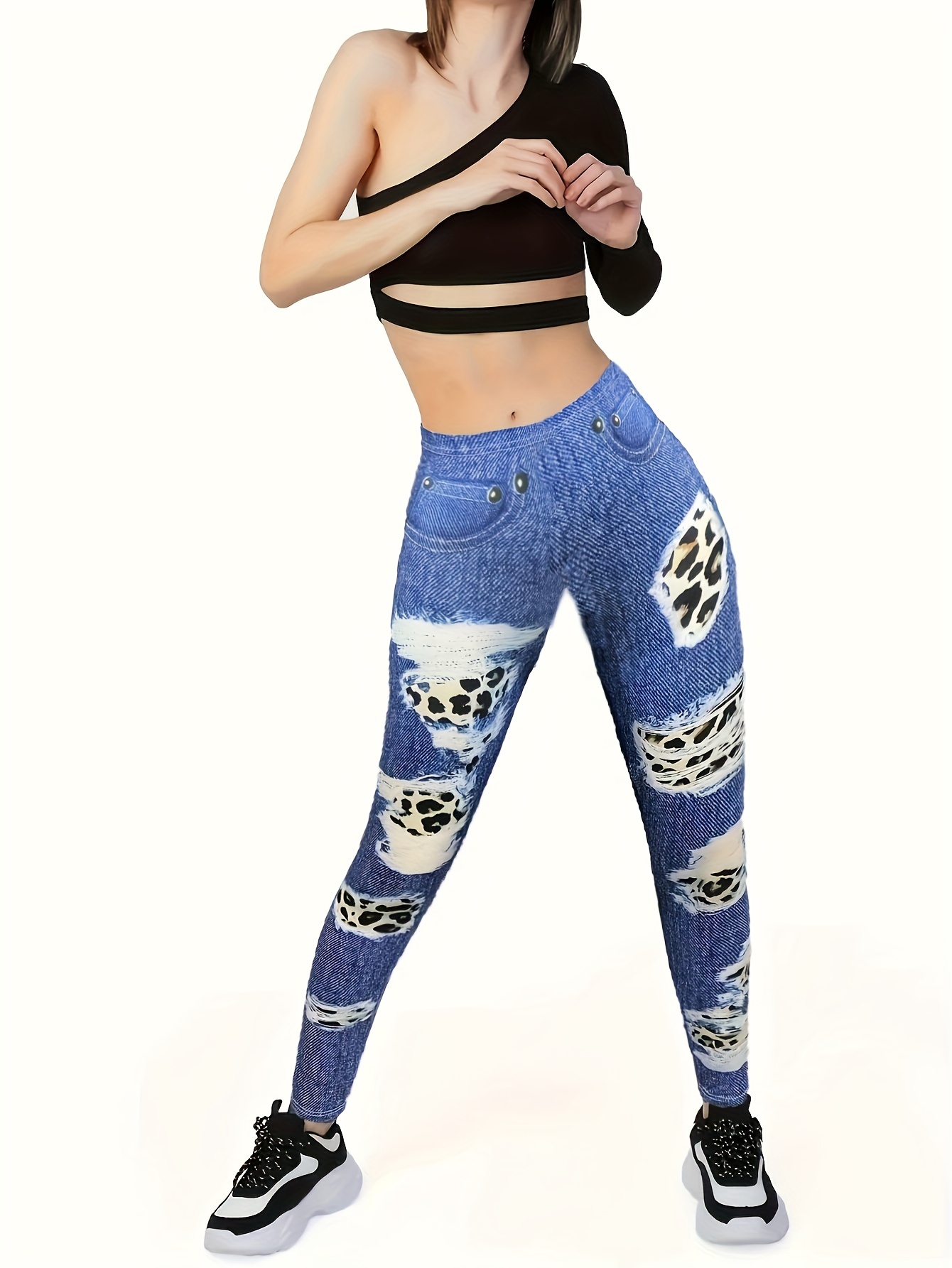 Ripped & Leopard Print Skinny Leggings, Casual Elastic Waist Daily  Leggings, Women's Clothing