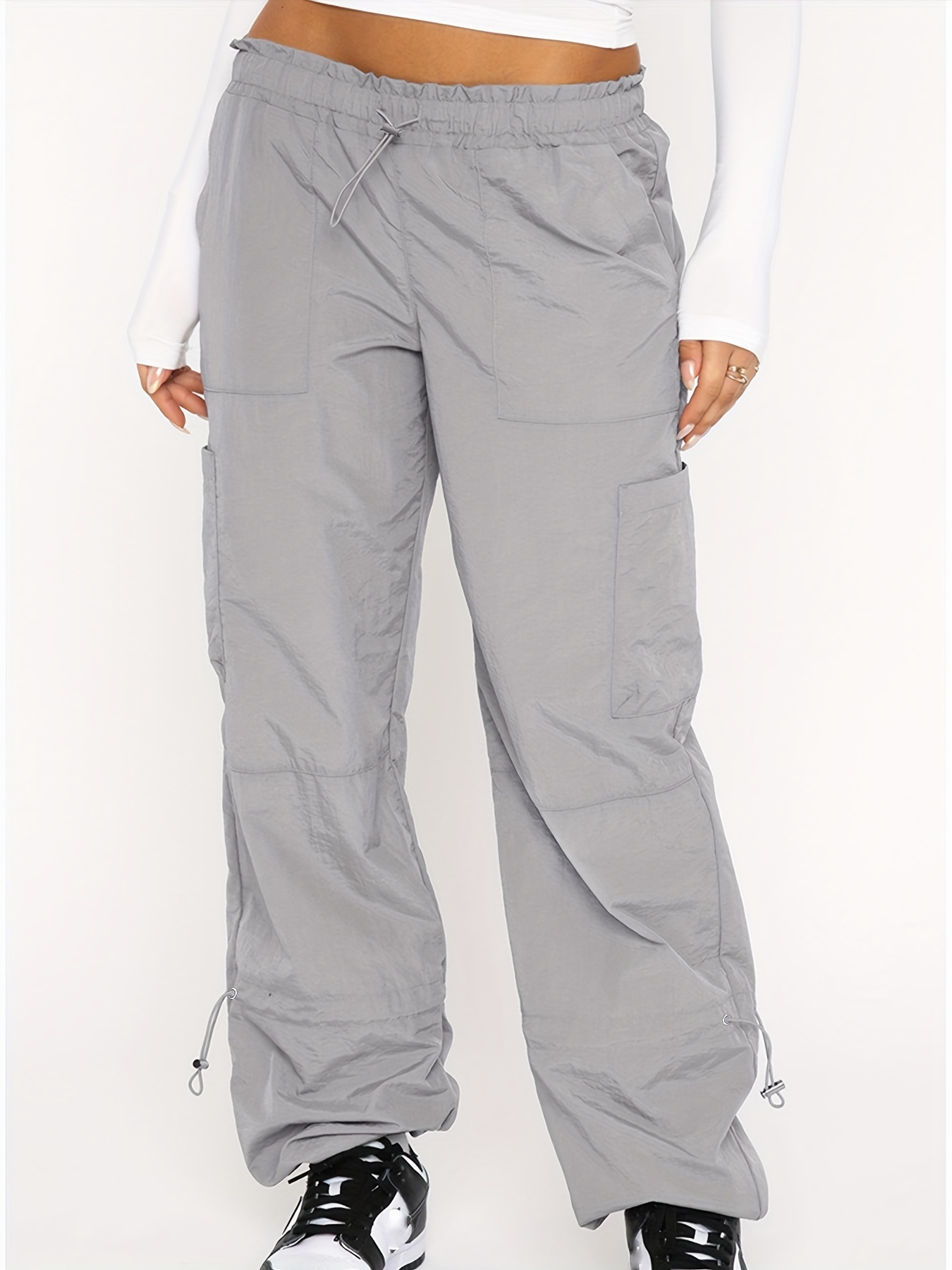 Pantalones cargo para mujer, cintura ajustable, cintura alta, apilados,  pantalones largos de color sólido, pantalones cargo holgados casuales