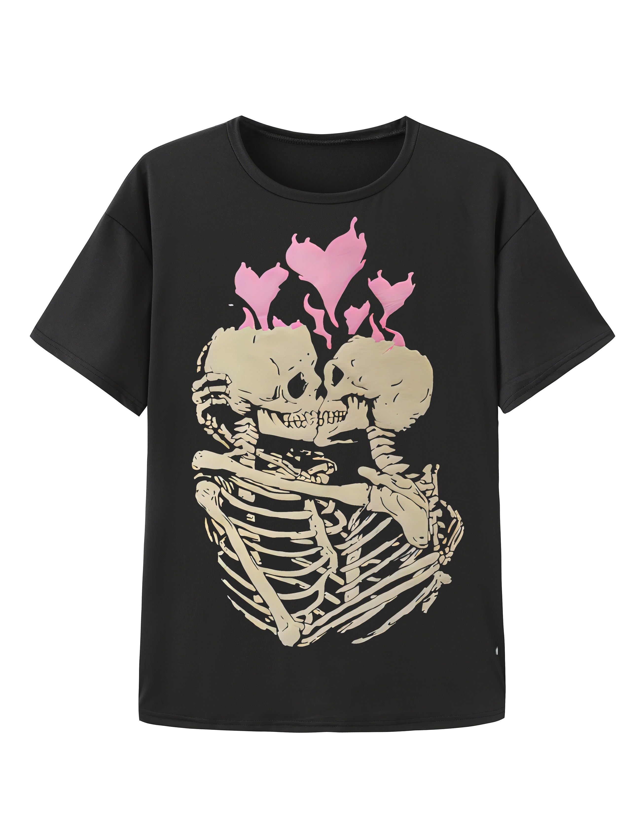 Skeleton & Heart Print Crew Neck T-shirt, Y2K Short Sleeve Top For Spring & Summer, Women's Clothing
