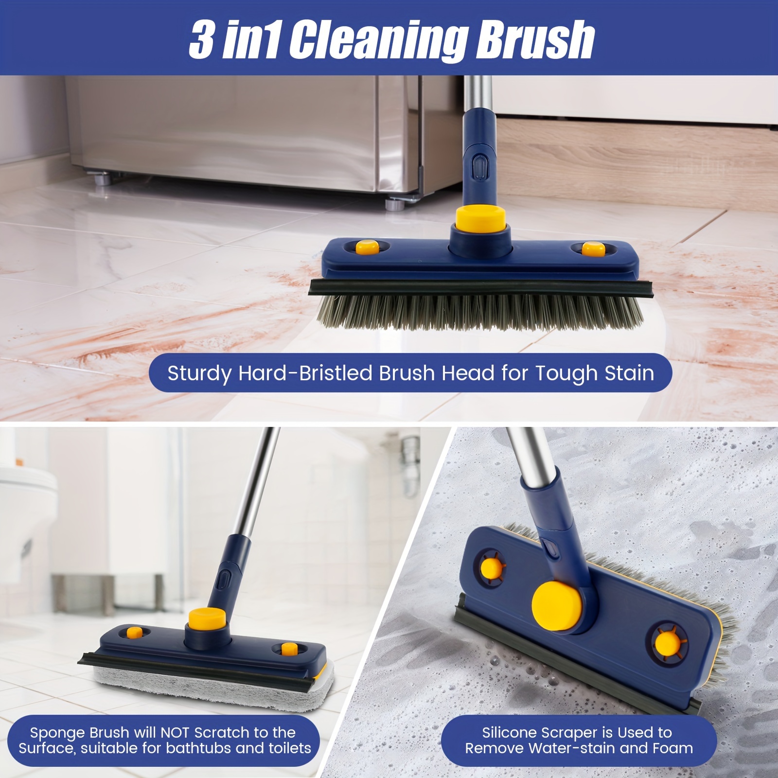 Shower Scrubber with 3 Different Cleaning Heads, 3 in 1 Tub and Tile  Scrubber Brush with Extendable Long Handle Shower Cleaner Brush for  Cleaning