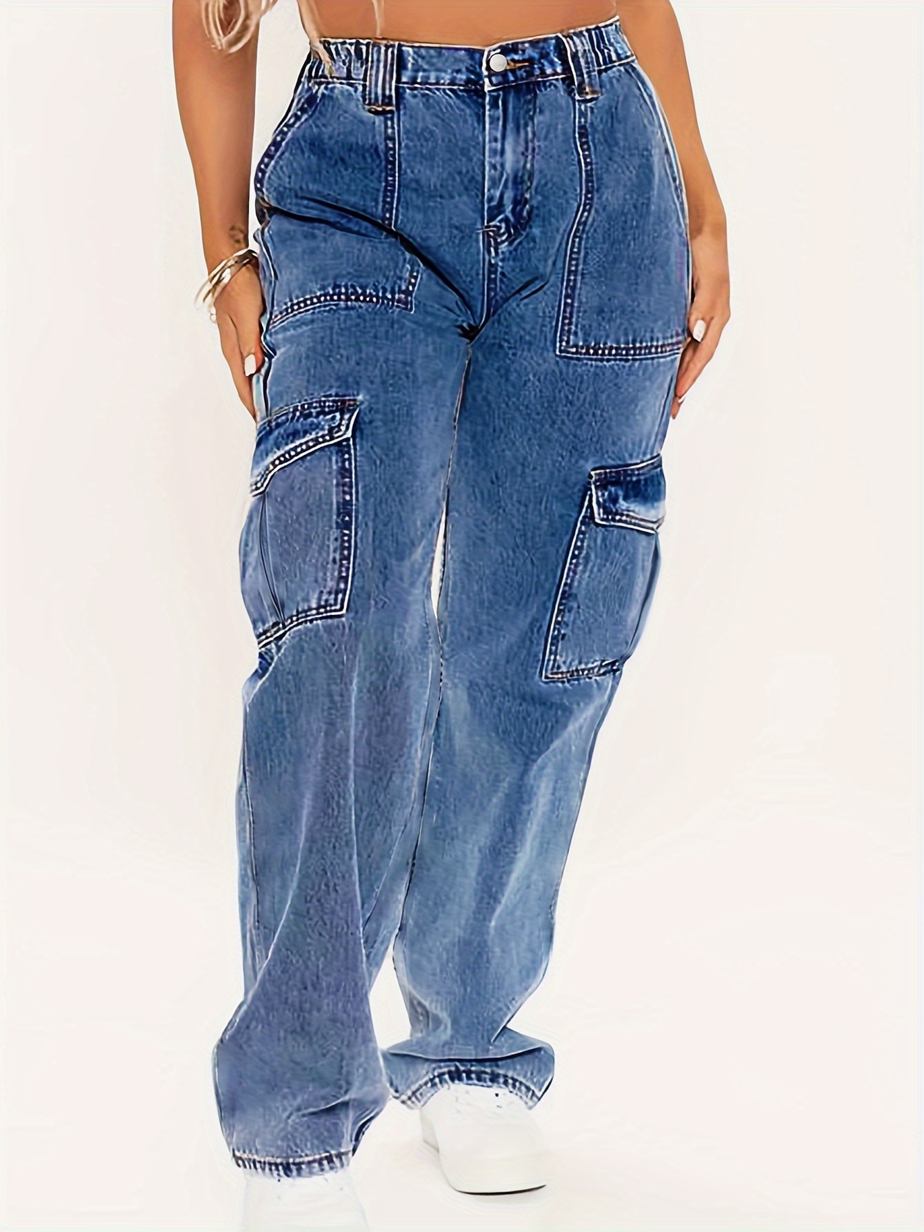 Calça jeans cargo casual plus size, calça jeans feminina plus size sólida  com botão de debrum, cintura alta, elasticidade e perna reta com bolsos com