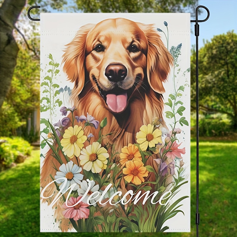 

1pc, Golden Retriever Garden Flag, Dog Pet Flower Welcome Garden Flag, Outdoor Decor Spring Yard Decorations, Waterproof Double Sided Flag, Home Decor, Outdoor Decor, Yard Decor, Garden Decorations