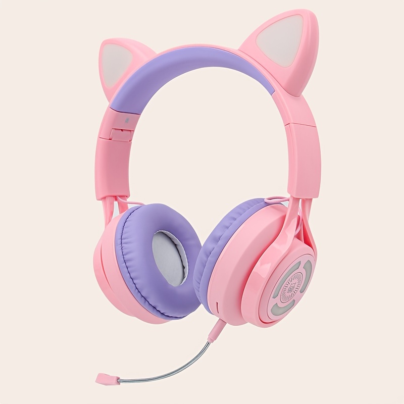 Auriculares inalámbricos Bluetooth de oreja de gato con micrófono, luz LED  intermitente de 7 colores, auriculares estéreo compatibles con teléfonos