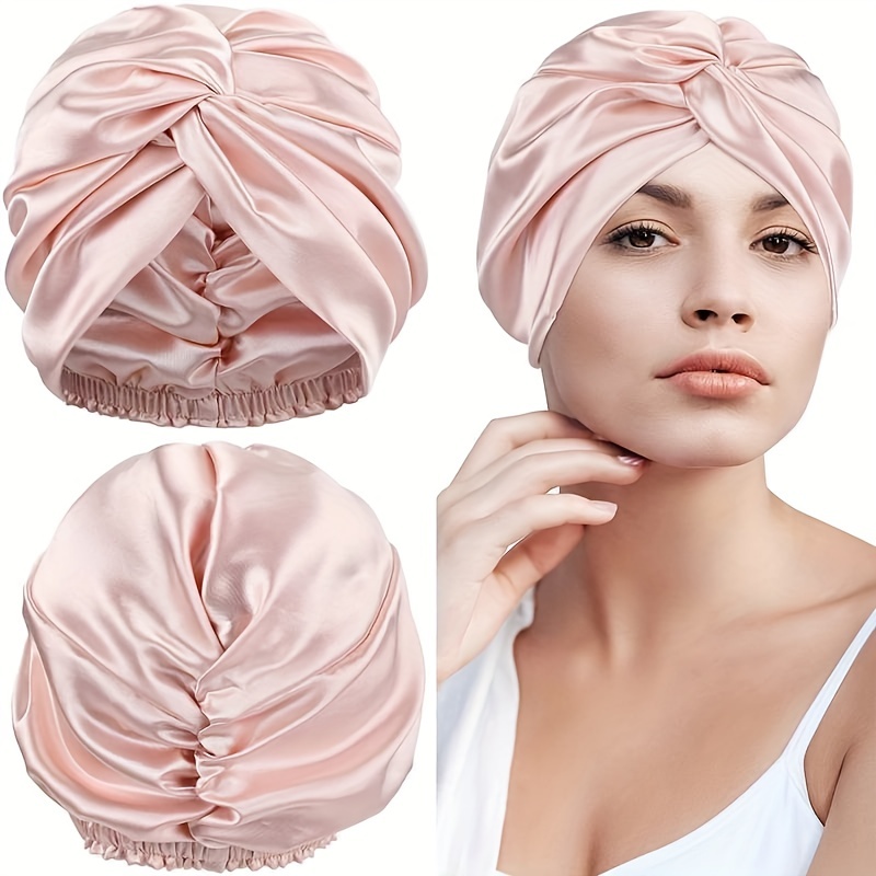 

Elegant Satin Ruched Bonnet Double Layer Knotted Elastic Turban Soft Shower Cap Sleeping Night Hat Hair Bonnet