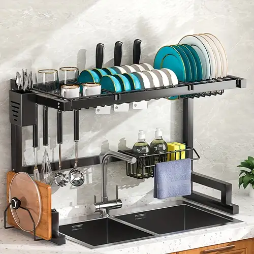 Over The Sink Dish Drying Rack With Utensil Holder And Utensil Sponge Holder,  Multi-functional Large-capacity Kitchen Dish Rack, Easy Installation,  Space-saving Dish Drying Rack, Tableware Rack,kitchen Sink Organizer,  Kitchen Accessories,black - Temu