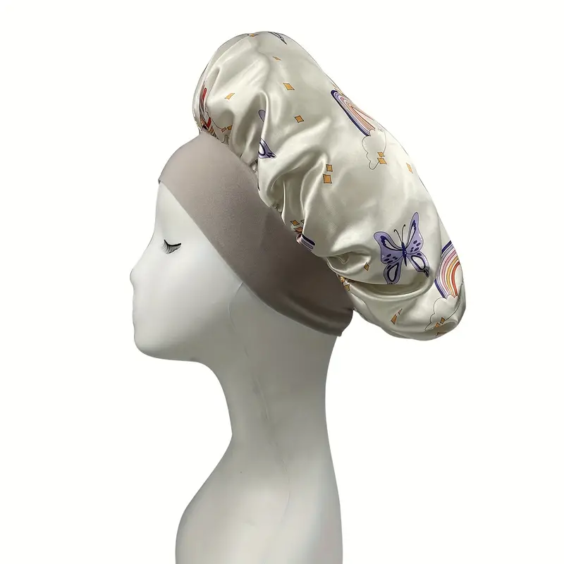 Rainbow Butterfly Print Bonnet Y2K Gray Shower Cap Lightweight Satin Head  Wrap Elastic Turban Hats Women Sleeping Cap