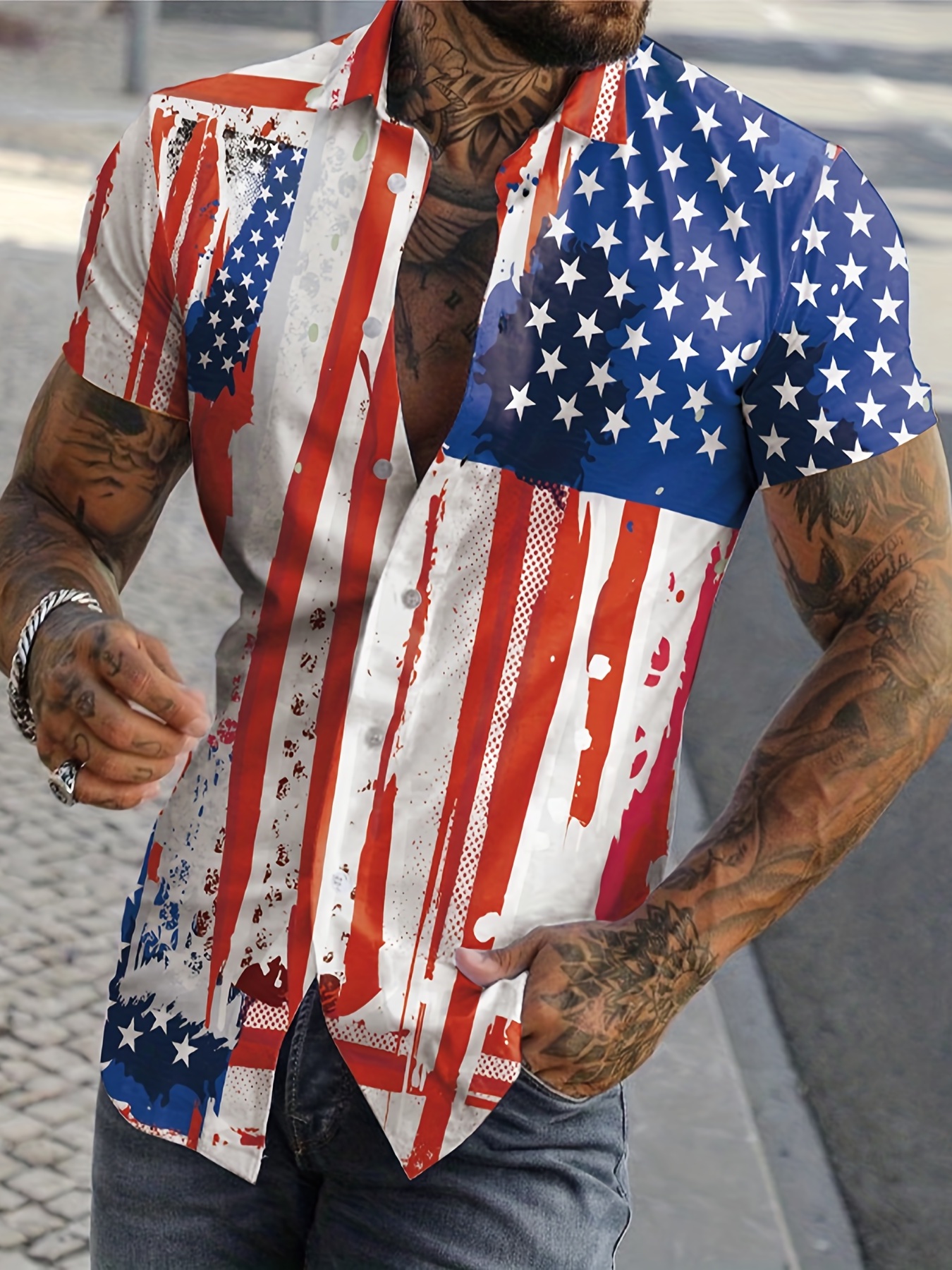 Camisa Casual Manga Corta Estampado Bandera Americana Hombre