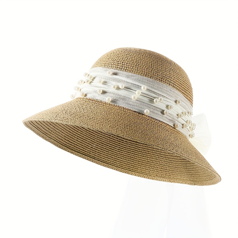 Summer Wide Brim Bucket Hat Faux Pearl Strap Sunscreen Straw - Temu
