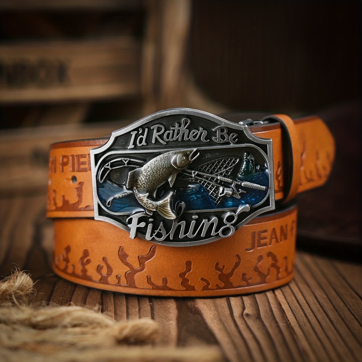 I'd Rather Be Fishing Men's Belt Buckle - Silver, Red and Blue colors