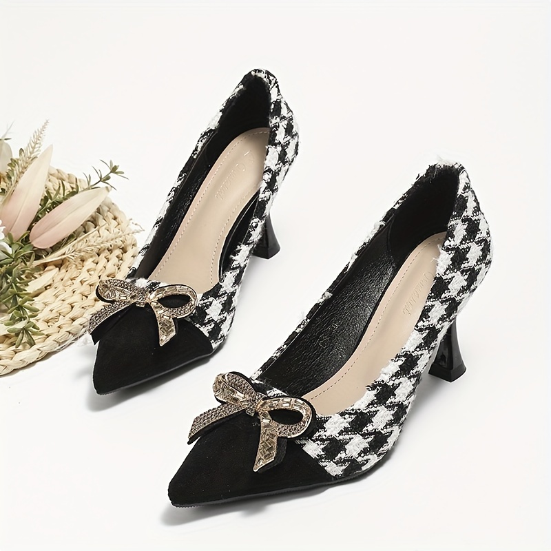 Women's Cap Toe Rhinestone Bow Houndstooth Stiletto Heels Pointed Toe Pumps