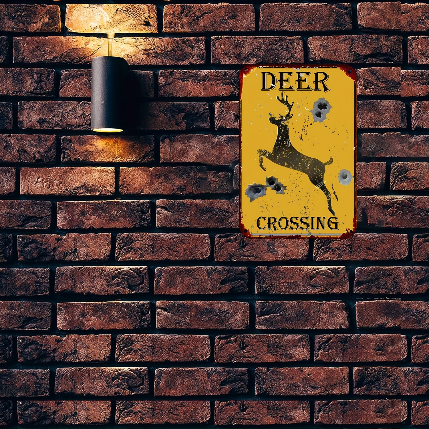 Retro Metal Tin Sign Deer Crossing Caution Yellow Sign Holes - Temu